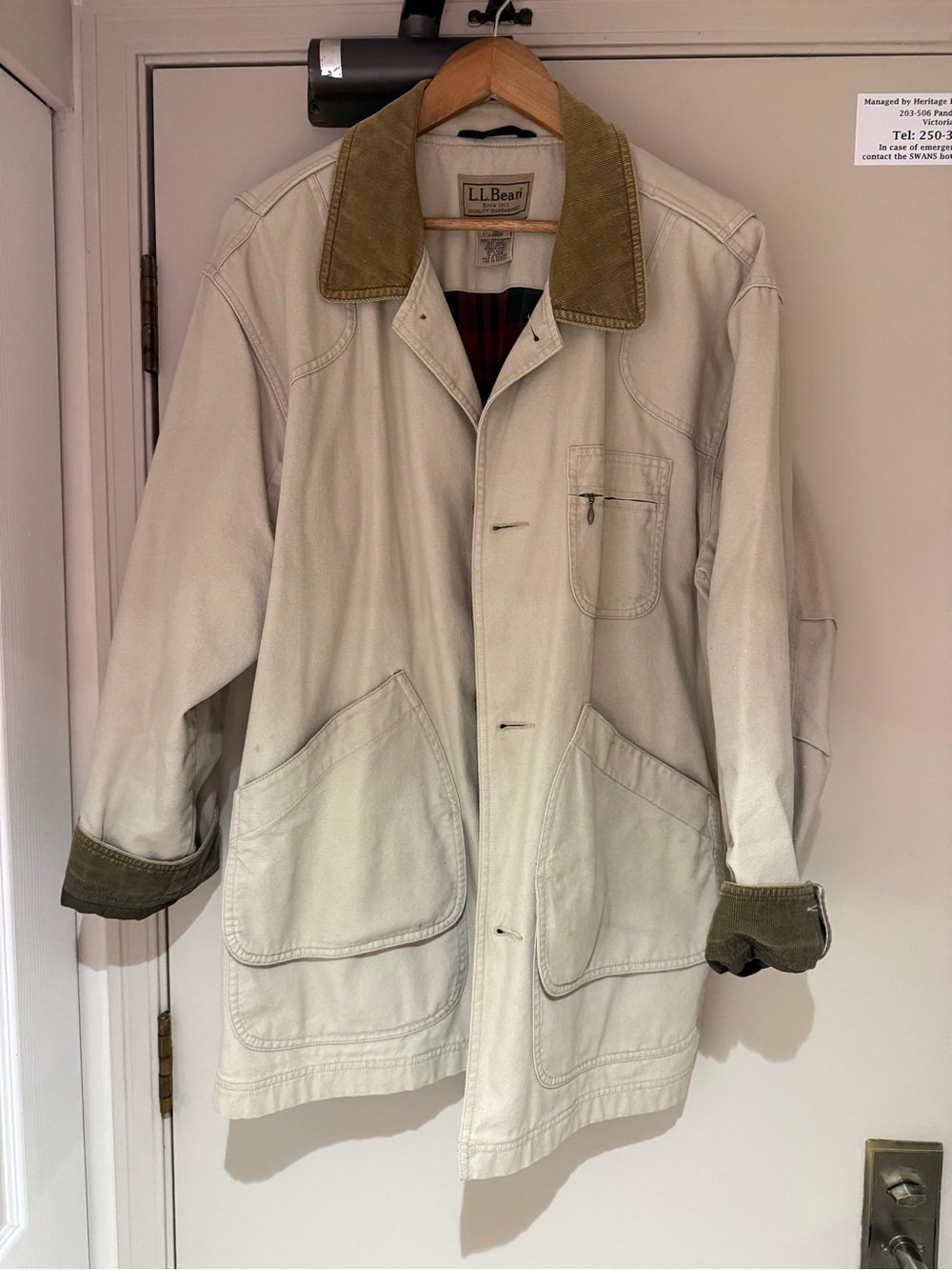 Vintage L.L. Bean Men's Cream Canvas Field Coat with Olive Corduroy Collar